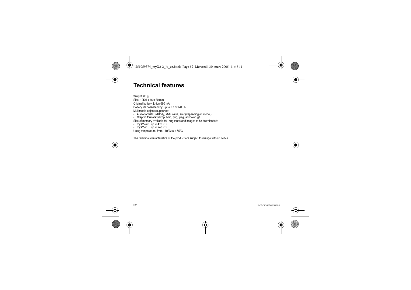 Technical features | Sagem myX2-2m  EN User Manual | Page 52 / 71