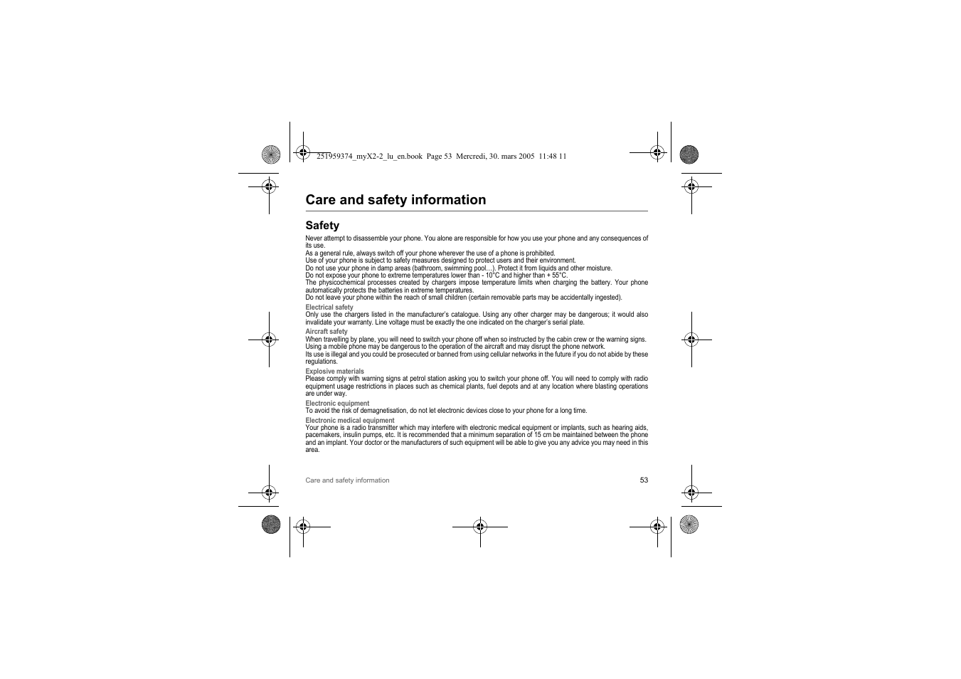 Care and safety information, Safety | Sagem myX2-2m  EN User Manual | Page 53 / 71