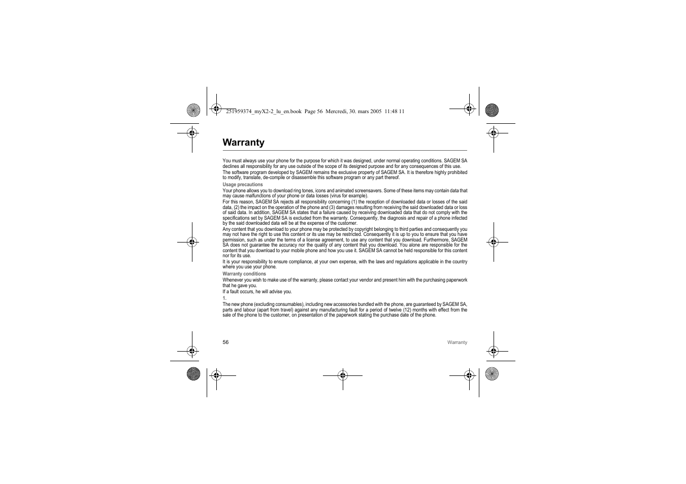 Warranty | Sagem myX2-2m  EN User Manual | Page 56 / 71