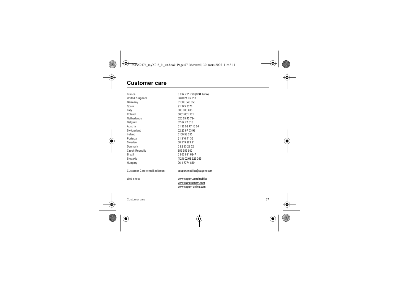 Customer care | Sagem myX2-2m  EN User Manual | Page 67 / 71