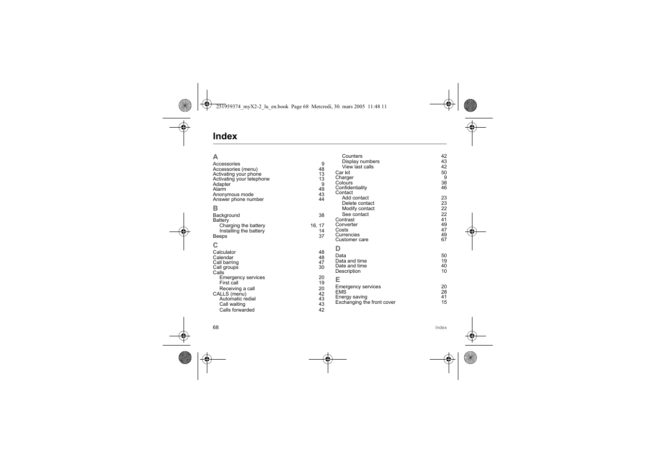 Index | Sagem myX2-2m  EN User Manual | Page 68 / 71