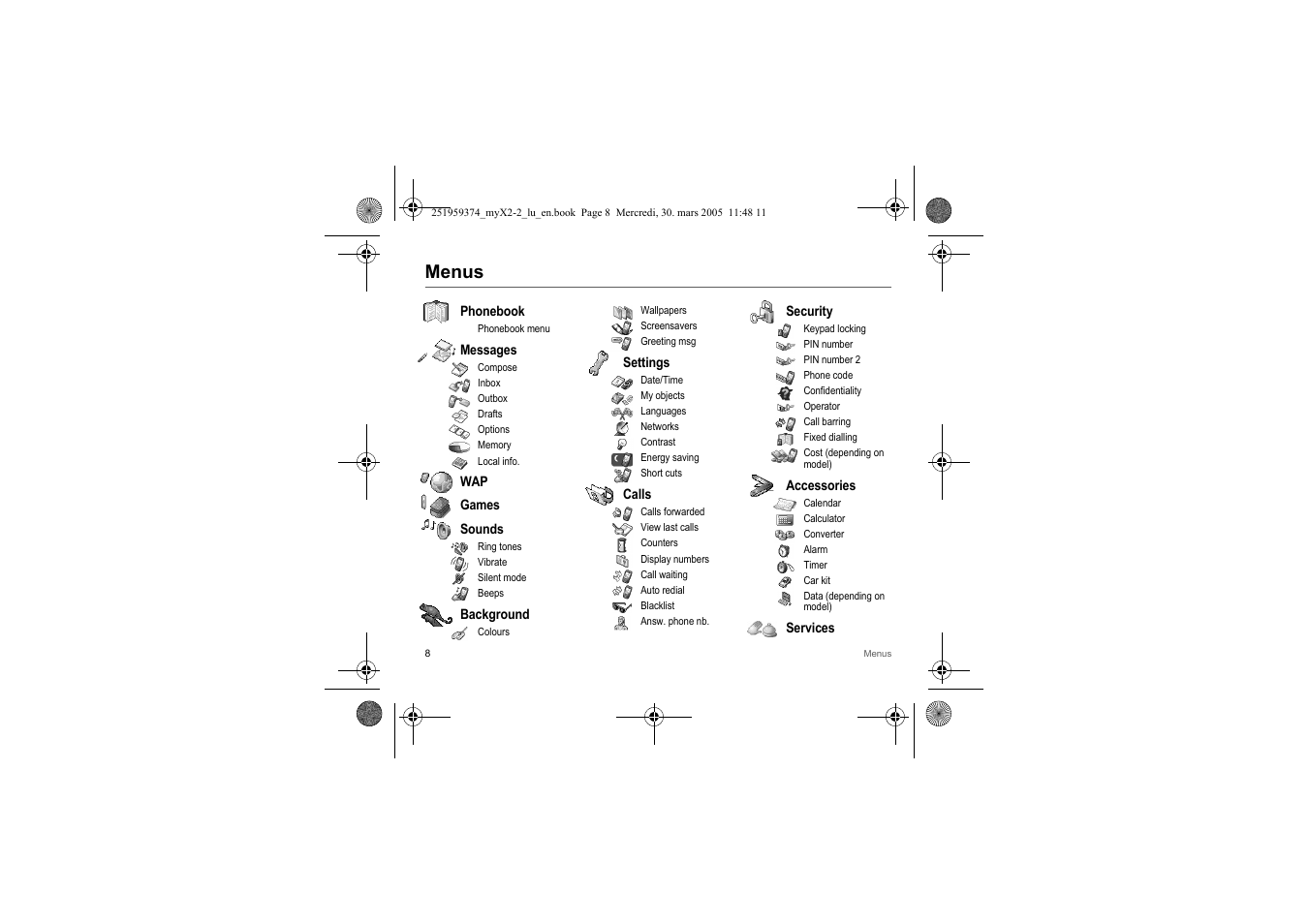 Menus | Sagem myX2-2m  EN User Manual | Page 8 / 71