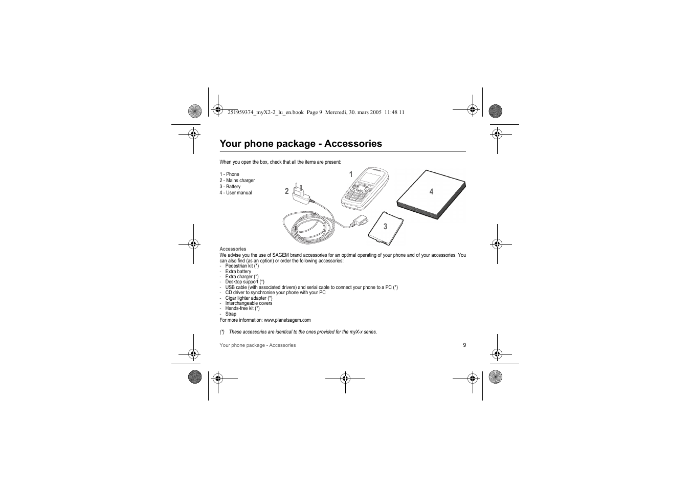 Your phone package - accessories | Sagem myX2-2m  EN User Manual | Page 9 / 71