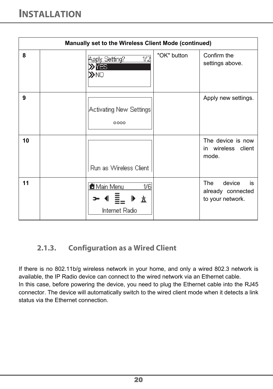 Nstallation, Configuration as a wired client | Sagem 700 User Manual | Page 20 / 64