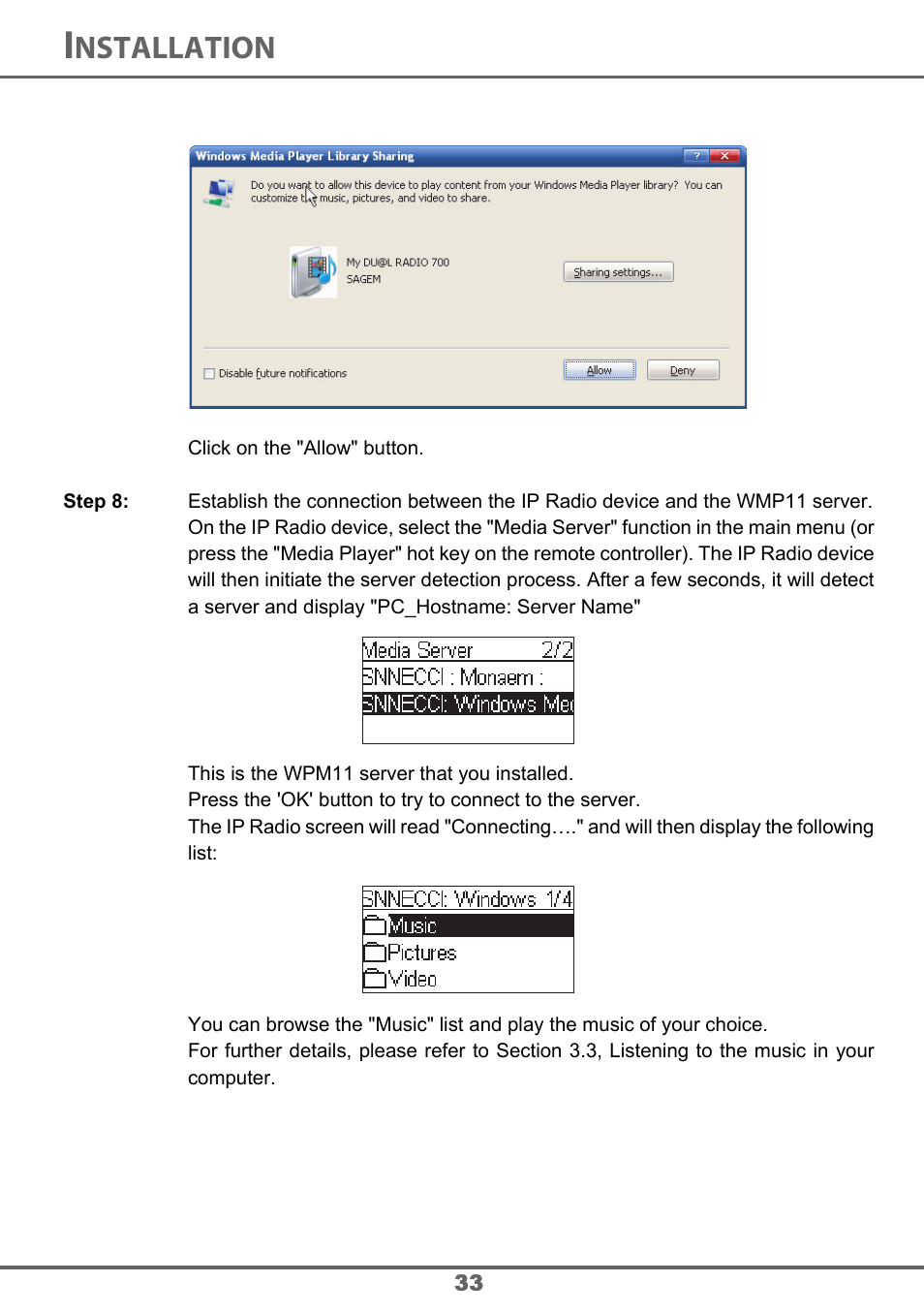 Nstallation | Sagem 700 User Manual | Page 33 / 64