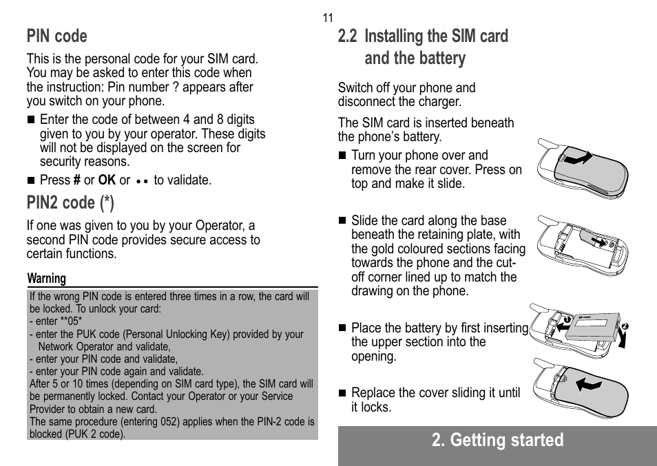 Pin code, Pin2 code (*) | Sagem MW 302X User Manual | Page 12 / 58