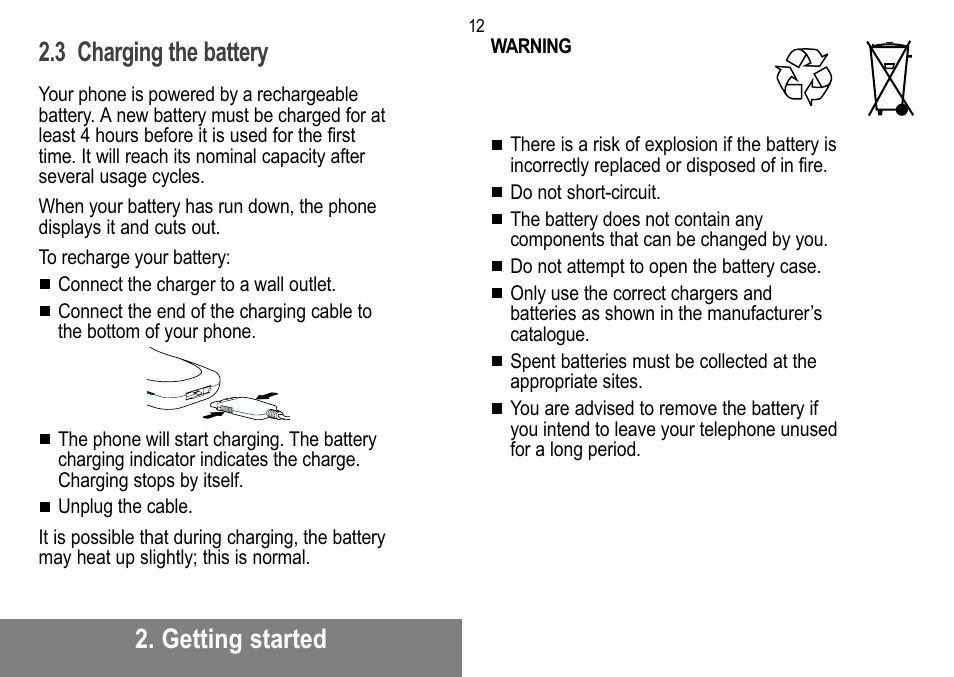 Getting started 2.3 charging the battery | Sagem MW 302X User Manual | Page 13 / 58