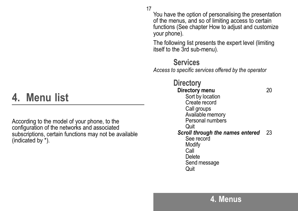 Menu list, Menus, Services | Directory | Sagem MW 302X User Manual | Page 18 / 58