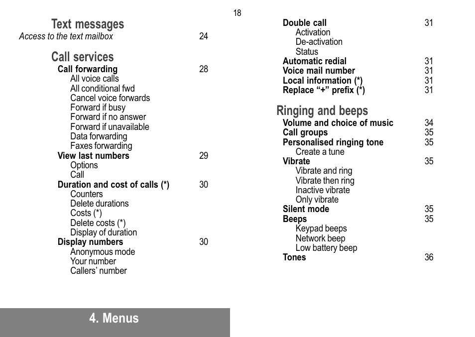 Menus text messages, Call services, Ringing and beeps | Sagem MW 302X User Manual | Page 19 / 58