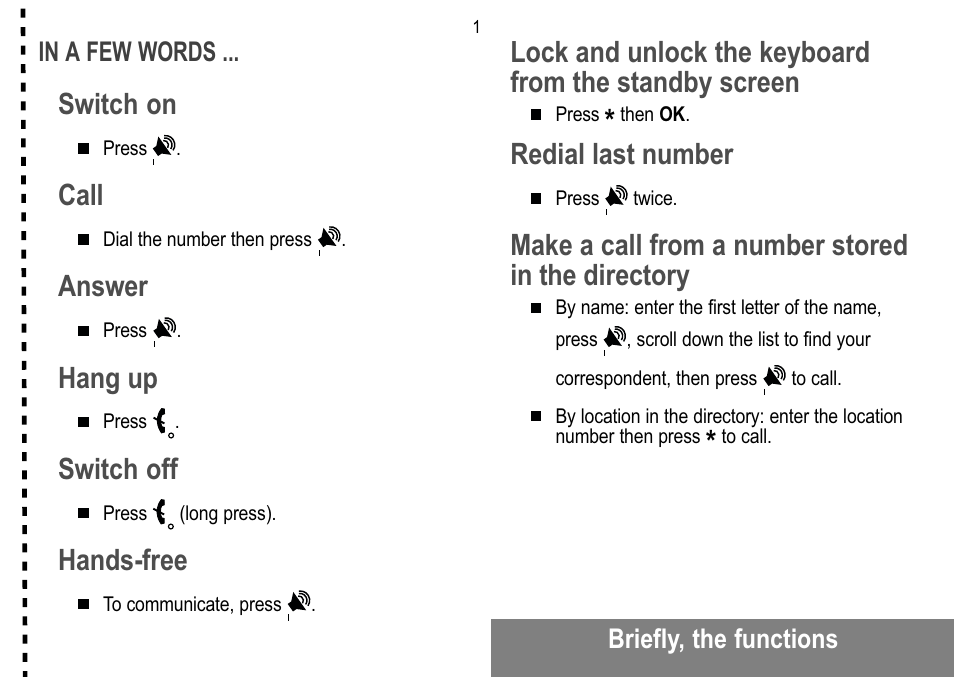 Switch on, Call, Answer | Hang up, Switch off, Hands-free, Redial last number, Make a call from a number stored in the directory | Sagem MW 302X User Manual | Page 2 / 58