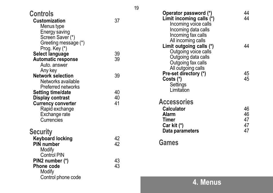 Menus controls, Security, Accessories | Games | Sagem MW 302X User Manual | Page 20 / 58