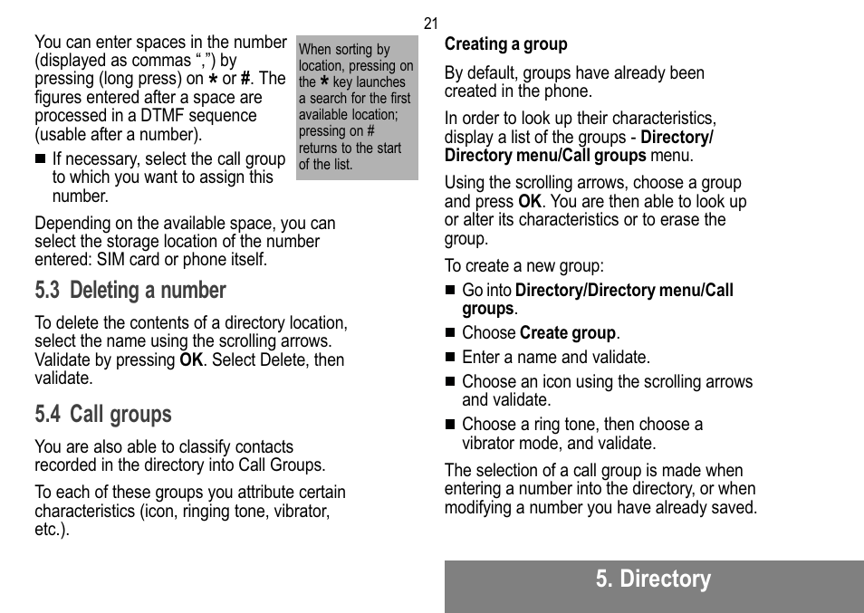 Directory, 3deleting a number, 4 call groups | Sagem MW 302X User Manual | Page 22 / 58