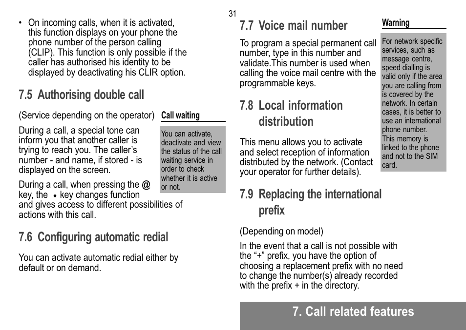 Call related features, 5 authorising double call, 6 configuring automatic redial | 7 voice mail number, 8 local information distribution, 9 replacing the international prefix | Sagem MW 302X User Manual | Page 32 / 58