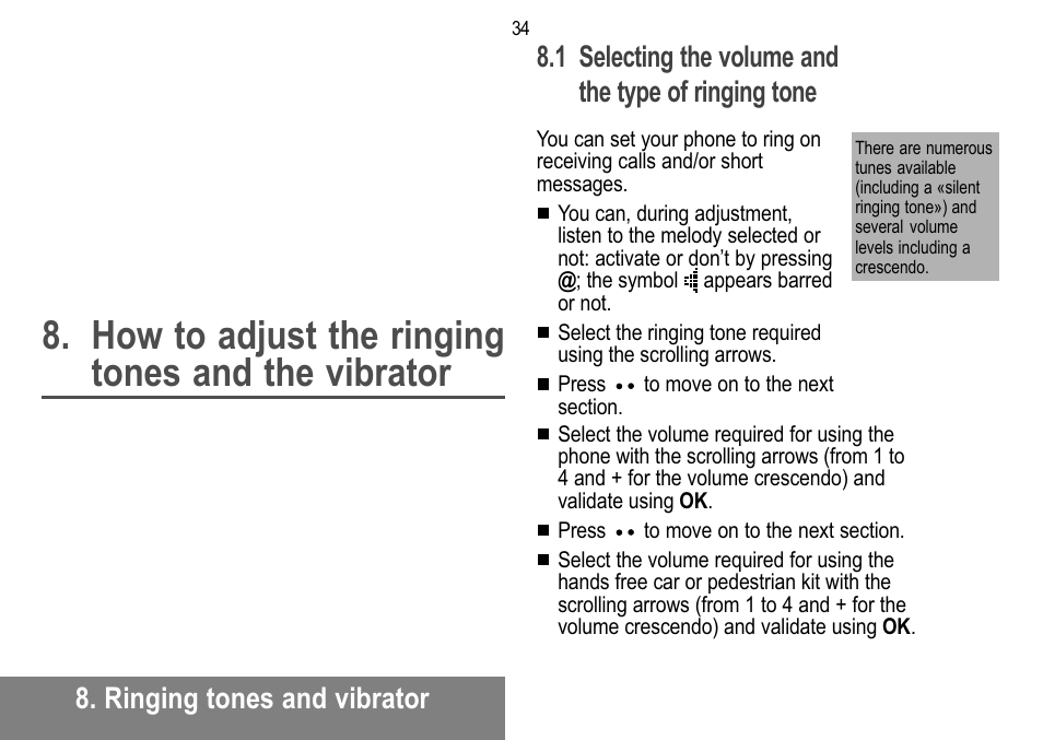 How to adjust the ringing tones and the vibrator, Ringing tones and vibrator | Sagem MW 302X User Manual | Page 35 / 58