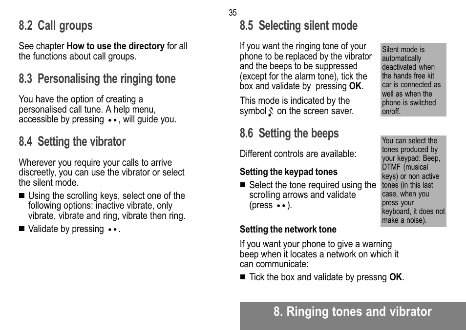 Ringing tones and vibrator 8.2 call groups, 3 personalising the ringing tone, 4 setting the vibrator | 5 selecting silent mode, 6 setting the beeps | Sagem MW 302X User Manual | Page 36 / 58