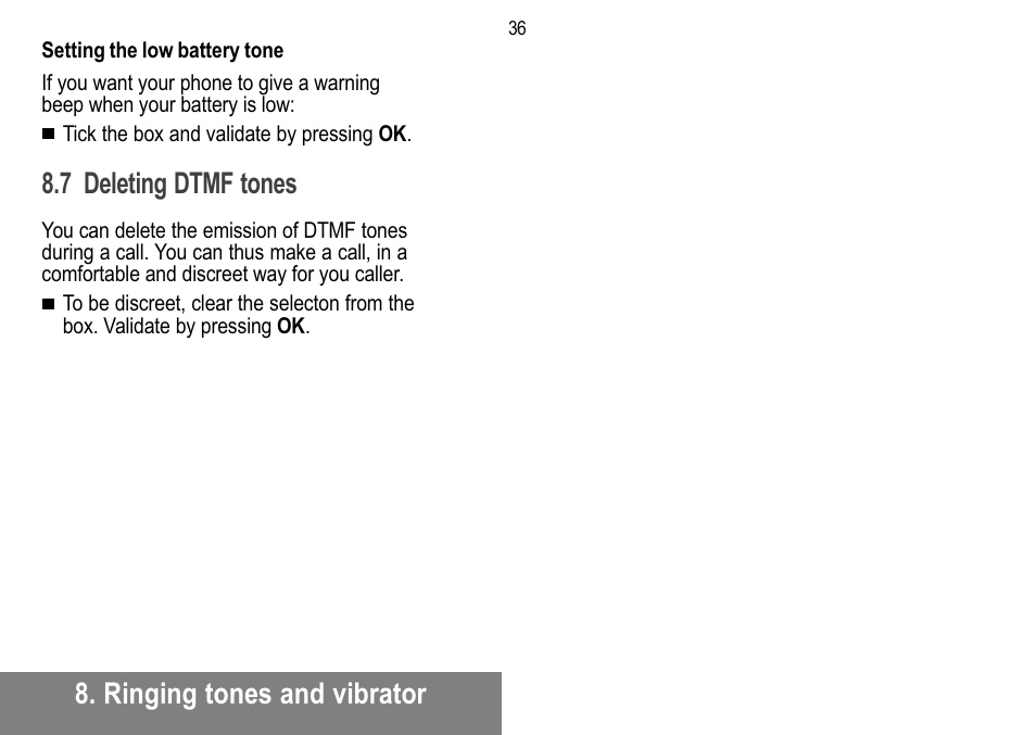 Ringing tones and vibrator, 7 deleting dtmf tones | Sagem MW 302X User Manual | Page 37 / 58