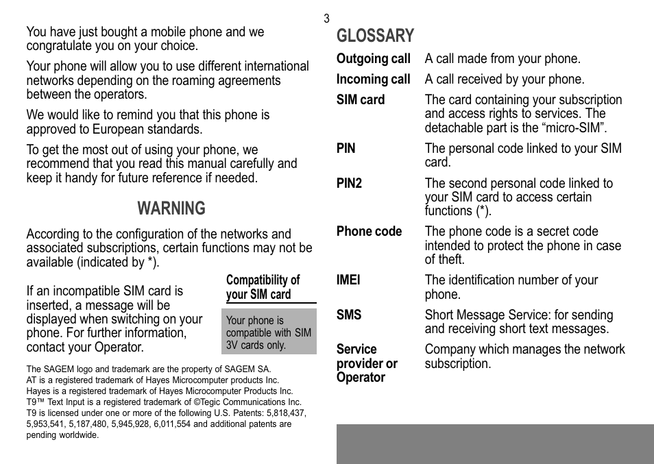 Warning, Glossary | Sagem MW 302X User Manual | Page 4 / 58