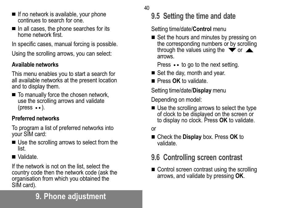 Phone adjustment, 5 setting the time and date, 6 controlling screen contrast | Sagem MW 302X User Manual | Page 41 / 58