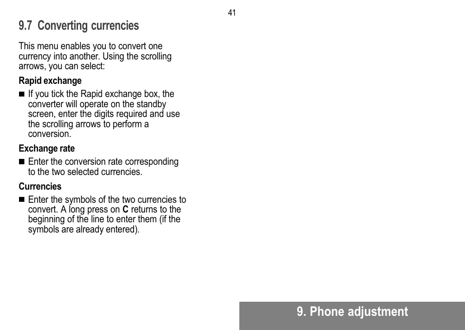 Phone adjustment 9.7 converting currencies | Sagem MW 302X User Manual | Page 42 / 58