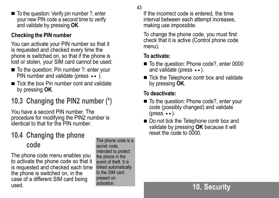 Security, 3 changing the pin2 number (*), 4 changing the phone code | Sagem MW 302X User Manual | Page 44 / 58