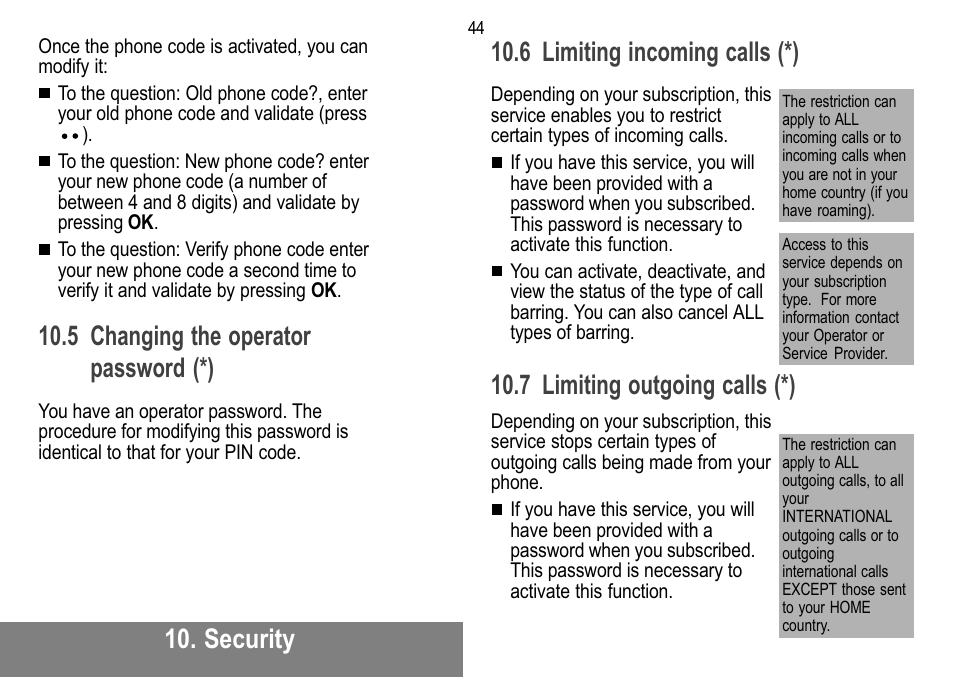 Security, 5 changing the operator password (*), 6 limiting incoming calls (*) | 7 limiting outgoing calls (*) | Sagem MW 302X User Manual | Page 45 / 58