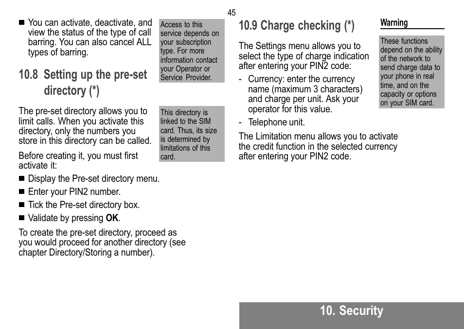 Security, 8 setting up the pre-set directory (*), 9 charge checking (*) | Sagem MW 302X User Manual | Page 46 / 58