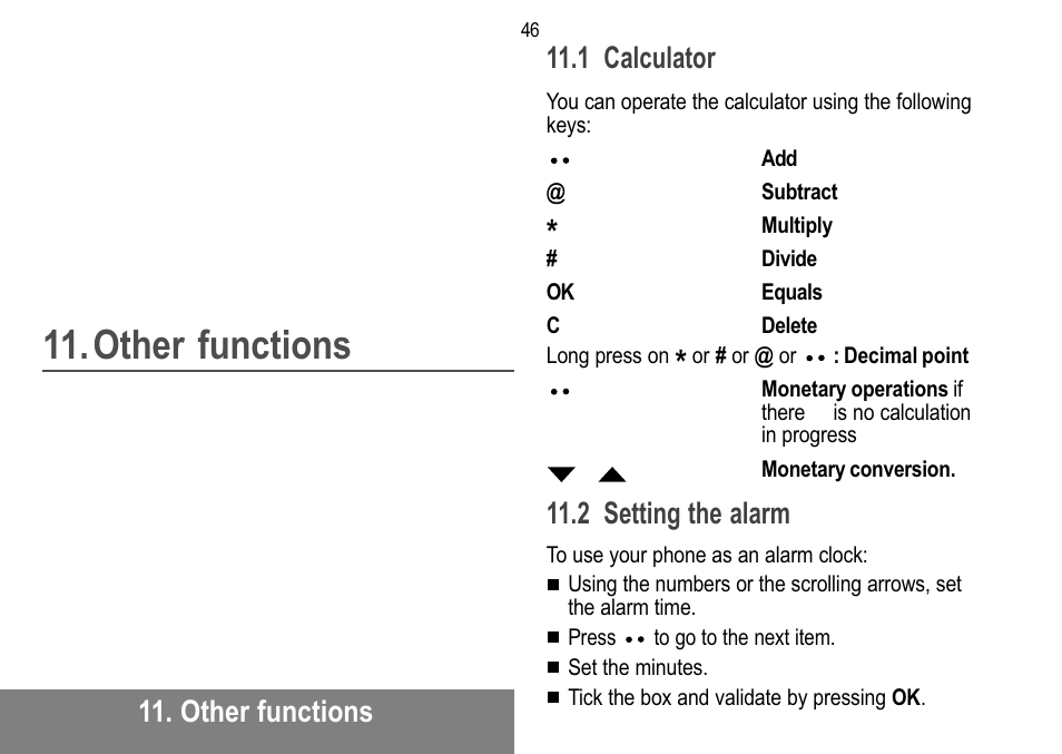 Other functions, 1 calculator, 2 setting the alarm | Sagem MW 302X User Manual | Page 47 / 58