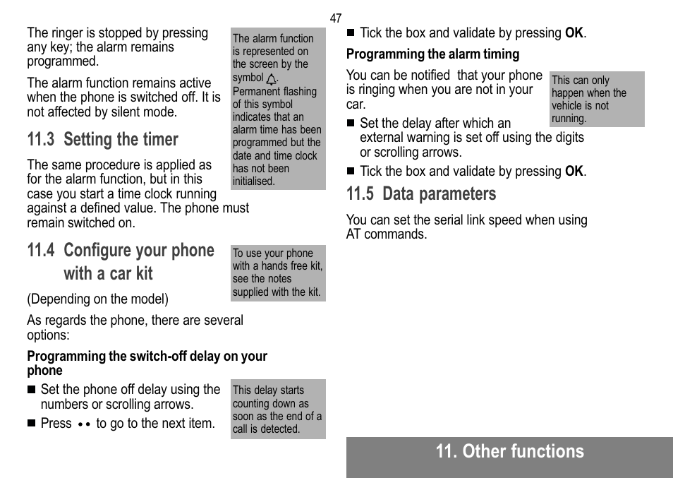 Other functions, 3 setting the timer, 4 configure your phone with a car kit | 5 data parameters | Sagem MW 302X User Manual | Page 48 / 58