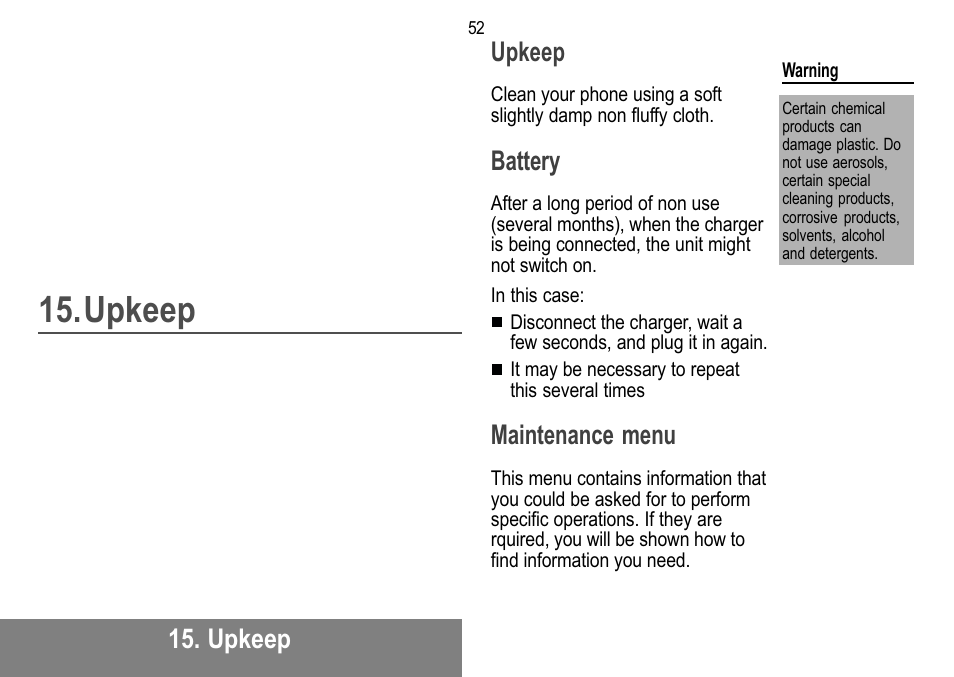 Upkeep, Upkeep upkeep, Battery | Maintenance menu | Sagem MW 302X User Manual | Page 53 / 58