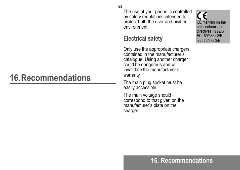 Recommendations, Electrical safety | Sagem MW 302X User Manual | Page 54 / 58