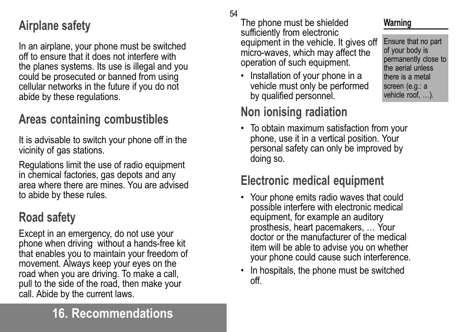 Recommendations airplane safety, Areas containing combustibles, Road safety | Non ionising radiation, Electronic medical equipment | Sagem MW 302X User Manual | Page 55 / 58