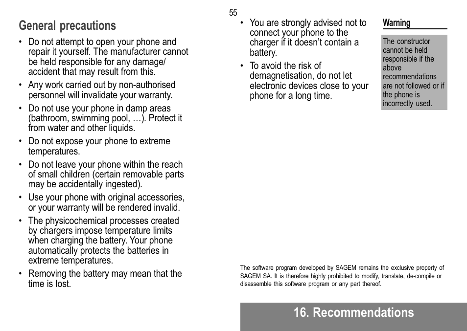 Recommendations general precautions | Sagem MW 302X User Manual | Page 56 / 58