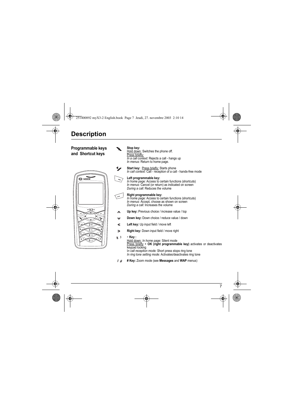 Description | Sagem myX3-2 User Manual | Page 10 / 79