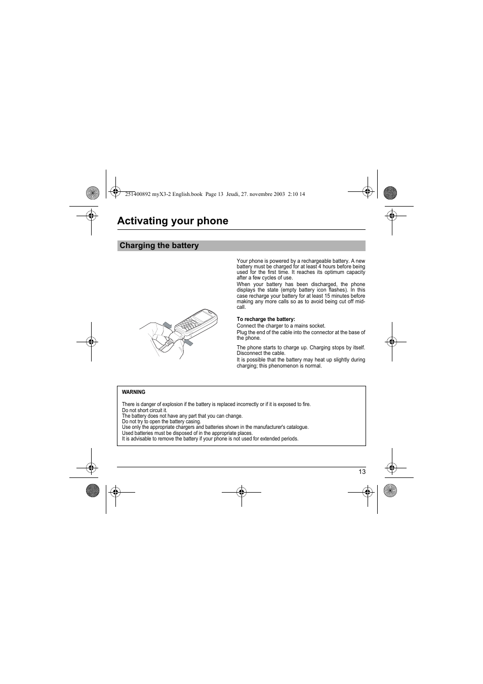 Charging the battery, Activating your phone | Sagem myX3-2 User Manual | Page 16 / 79