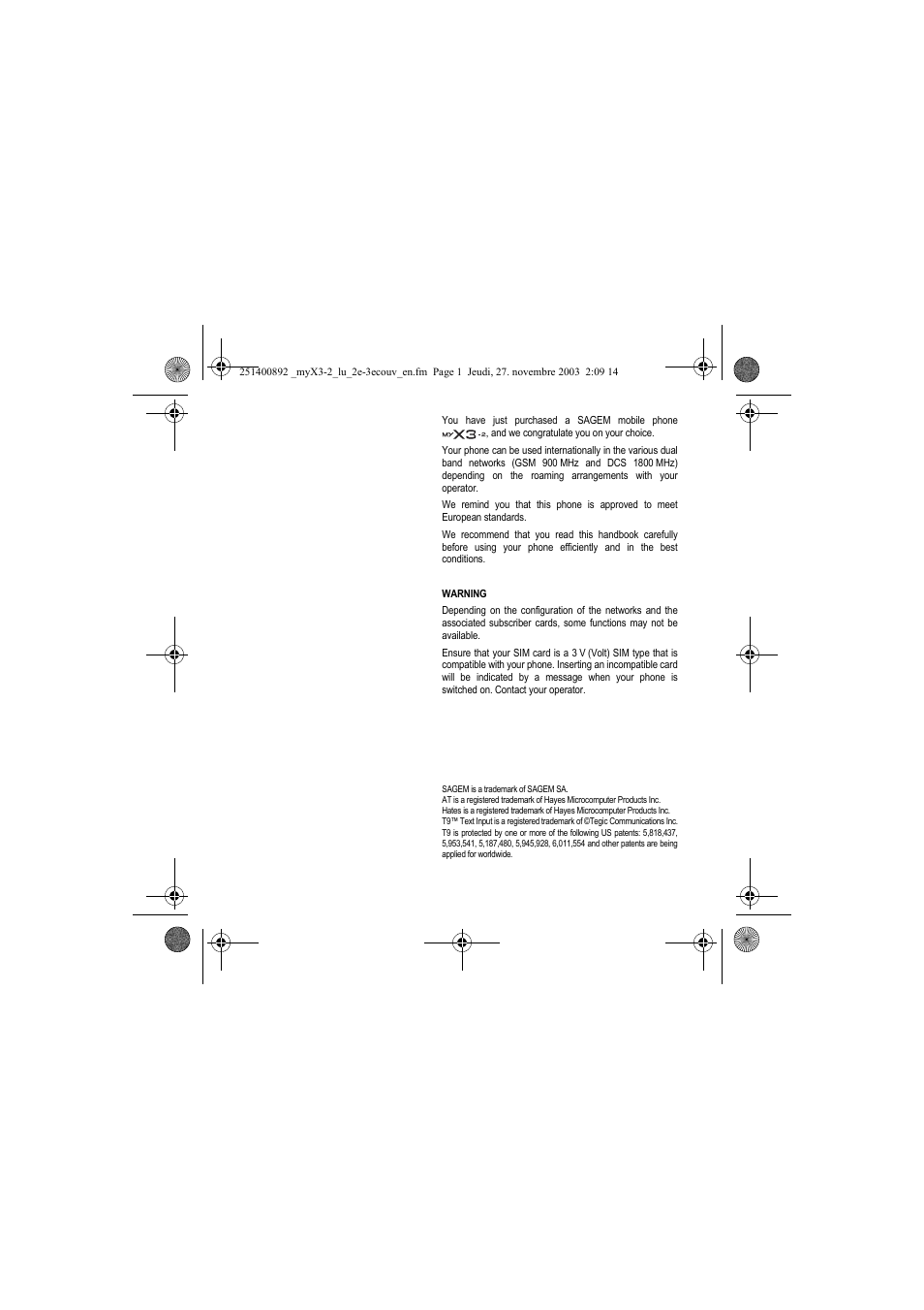 Warning | Sagem myX3-2 User Manual | Page 2 / 79