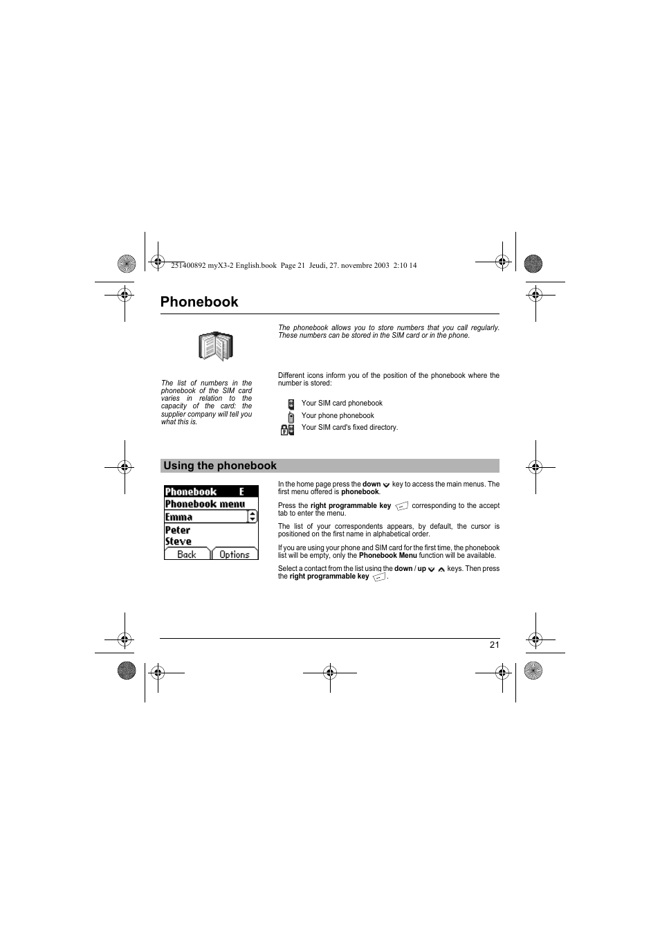 Phonebook, Using the phonebook | Sagem myX3-2 User Manual | Page 24 / 79