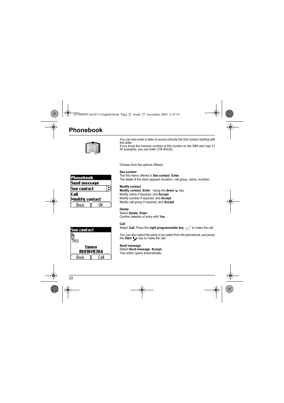 Phonebook | Sagem myX3-2 User Manual | Page 25 / 79