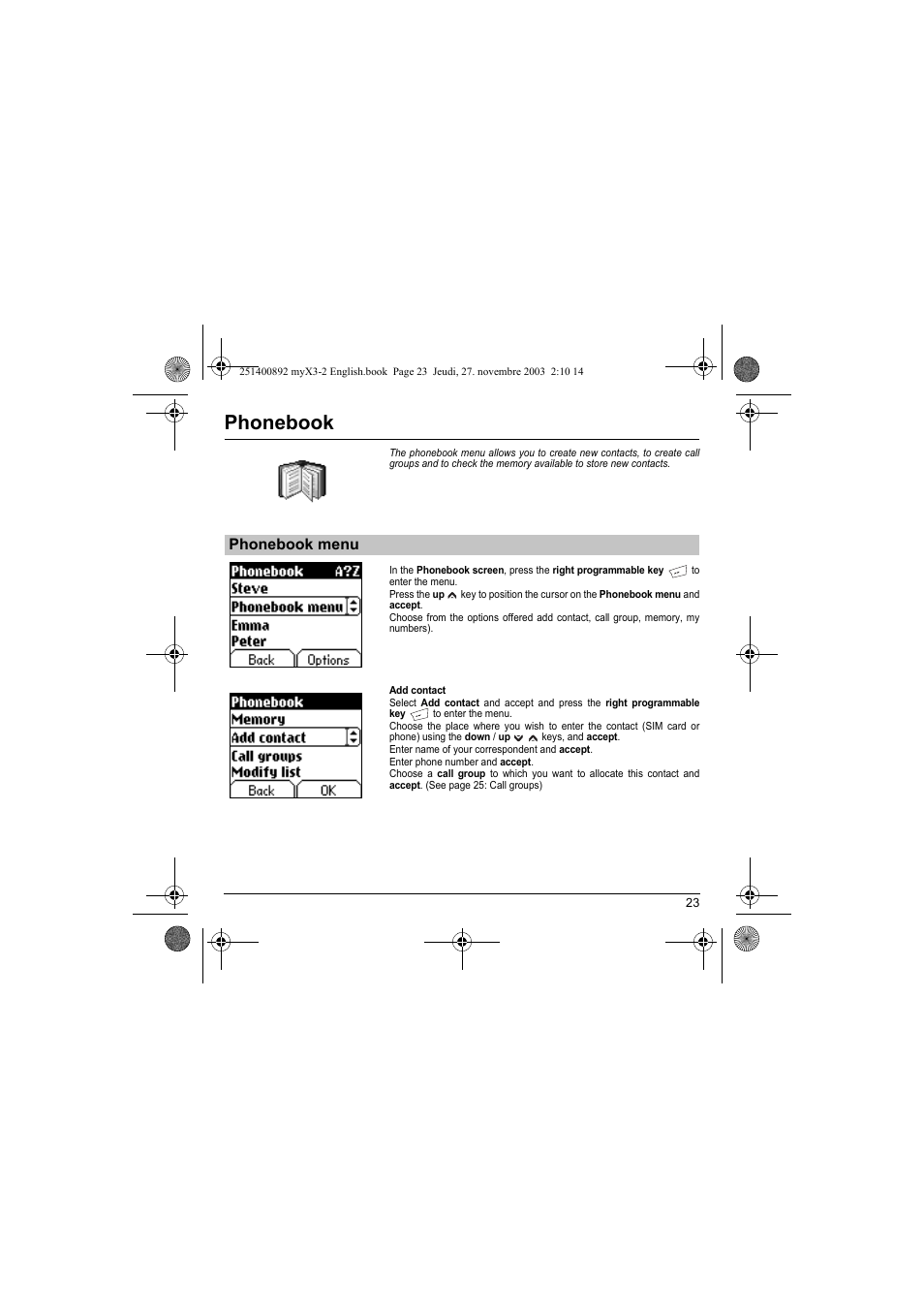 Phonebook menu, Phonebook | Sagem myX3-2 User Manual | Page 26 / 79