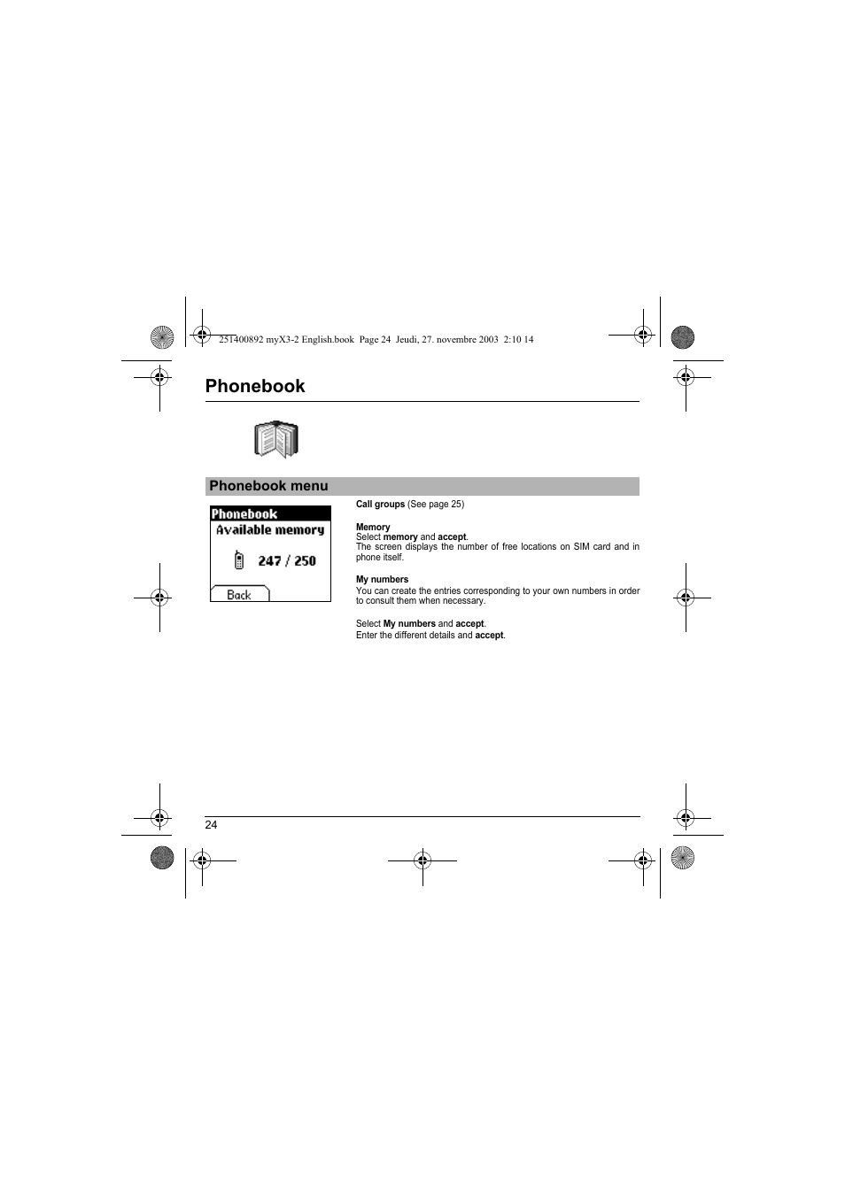 Phonebook | Sagem myX3-2 User Manual | Page 27 / 79