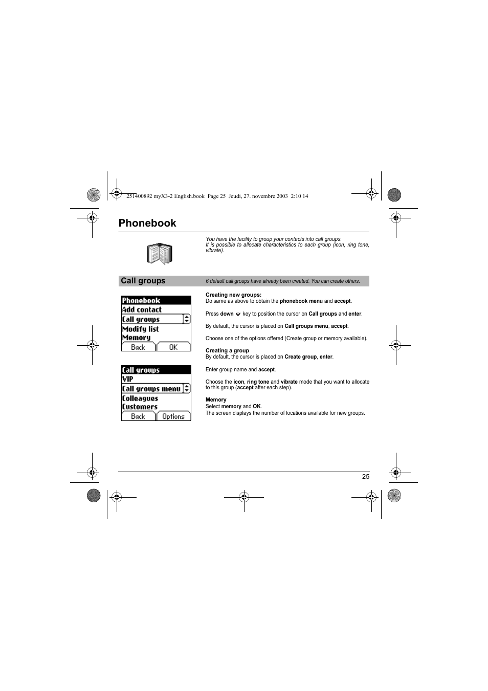 Call groups, Phonebook | Sagem myX3-2 User Manual | Page 28 / 79