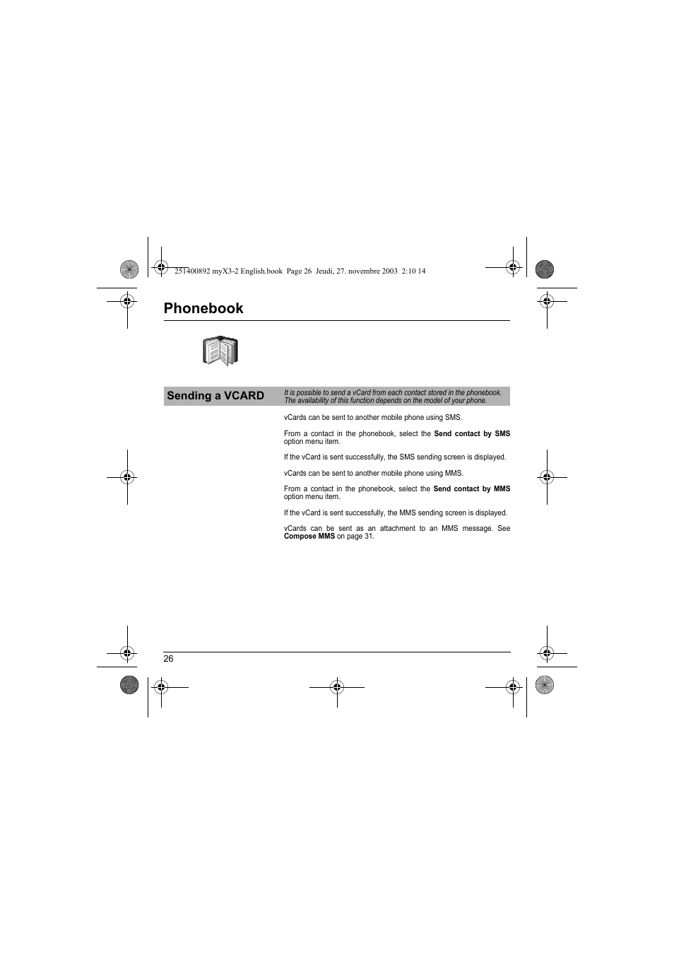 Sending a vcard, Phonebook | Sagem myX3-2 User Manual | Page 29 / 79