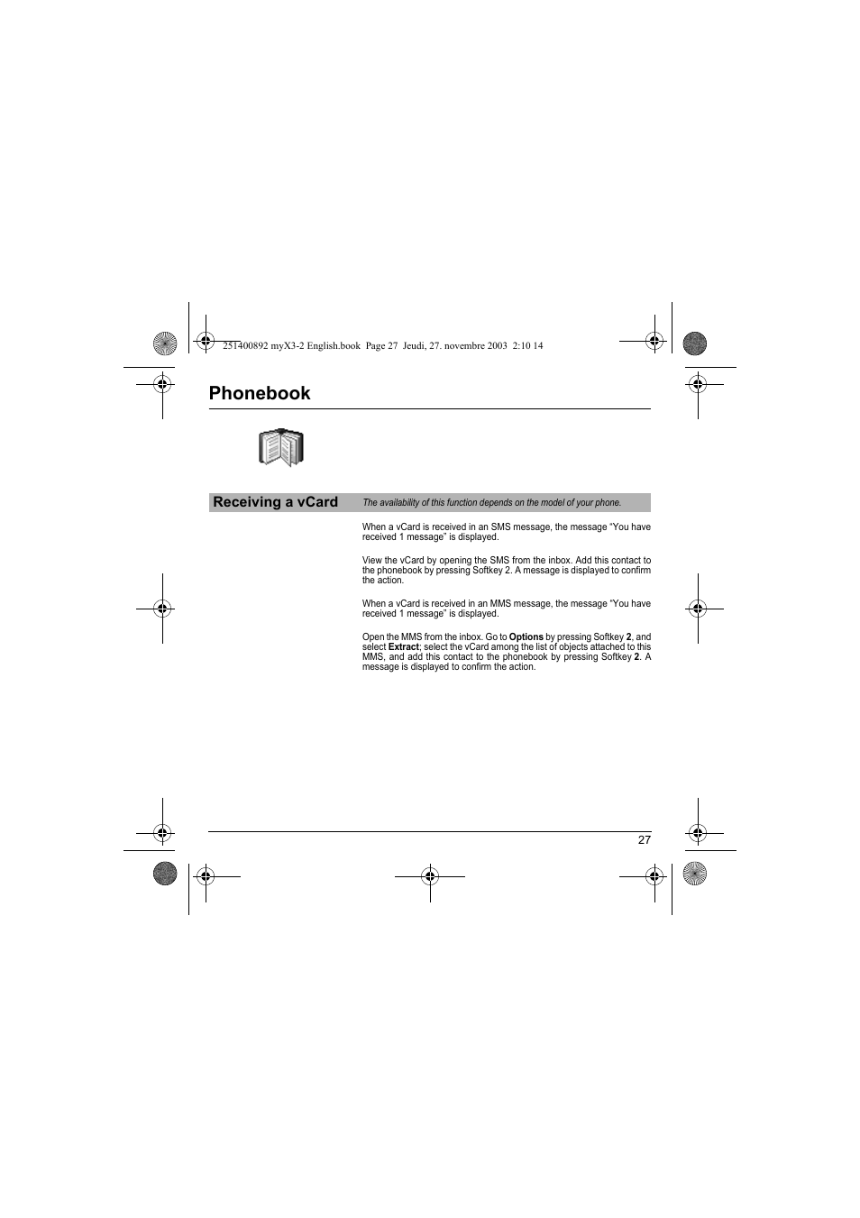 Receiving a vcard, Phonebook | Sagem myX3-2 User Manual | Page 30 / 79