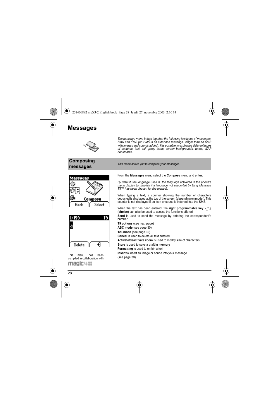 Messages, Composing messages | Sagem myX3-2 User Manual | Page 31 / 79