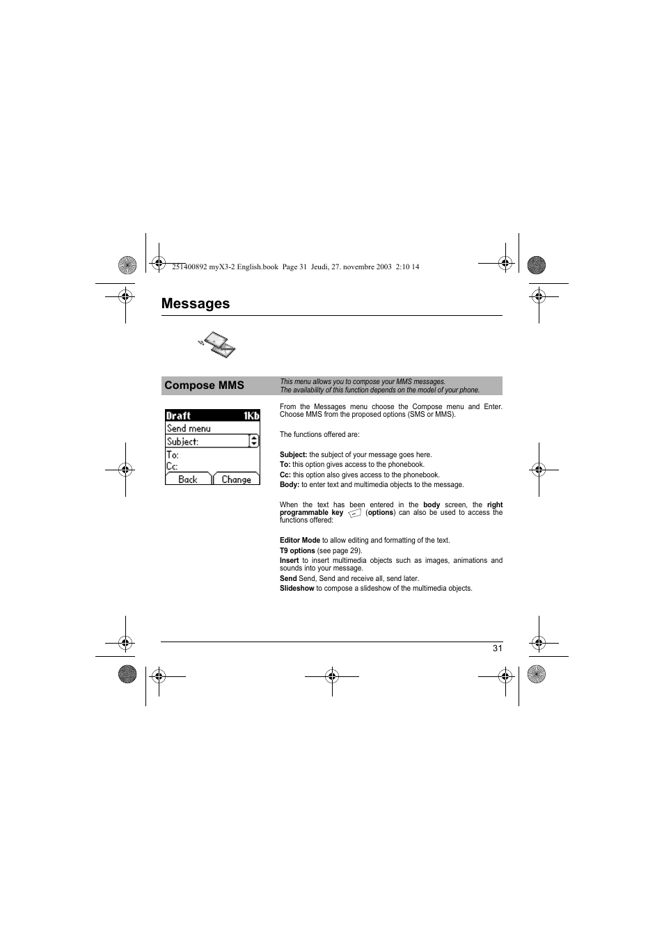 Compose mms, Messages | Sagem myX3-2 User Manual | Page 34 / 79