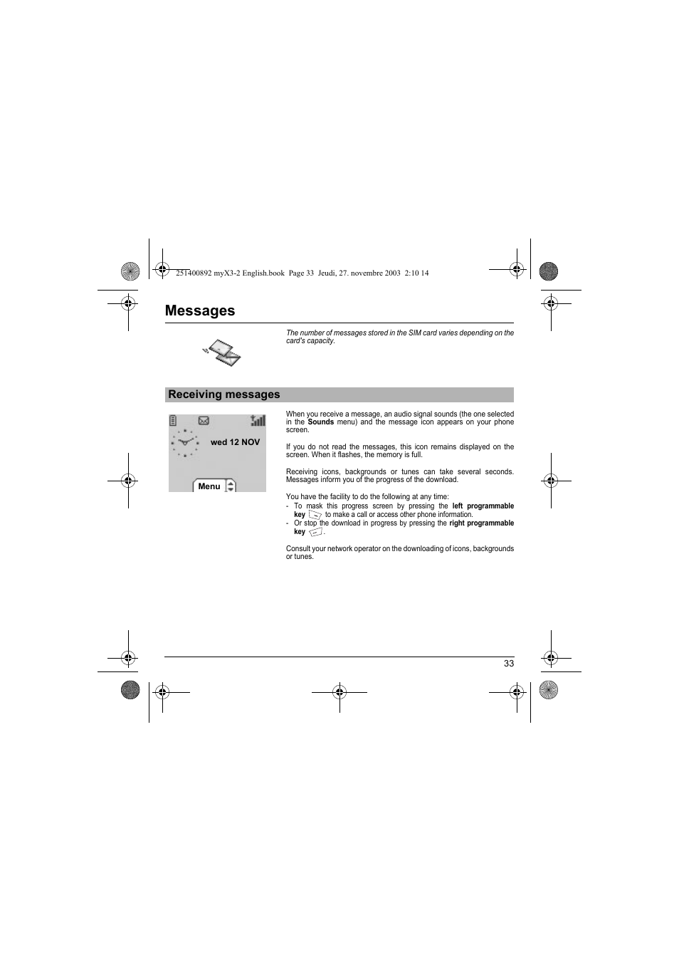 Receiving messages, Messages | Sagem myX3-2 User Manual | Page 36 / 79