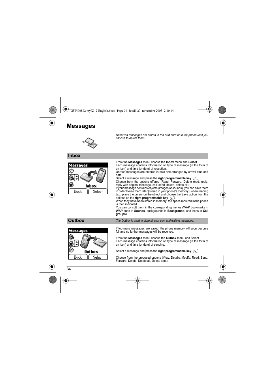 Inbox outbox, Messages | Sagem myX3-2 User Manual | Page 37 / 79