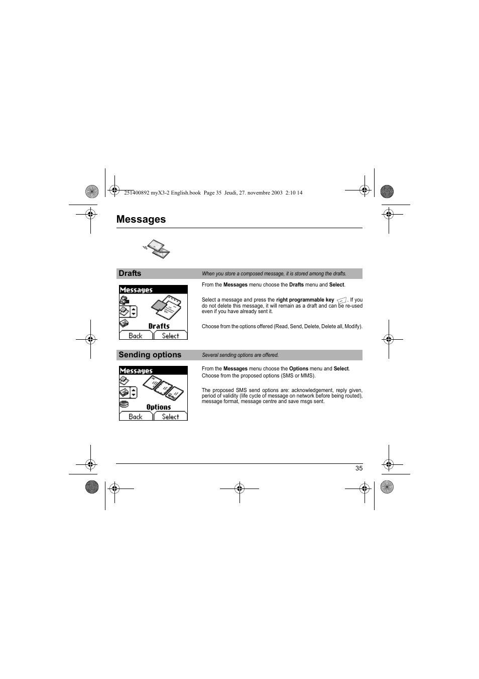 Drafts sending options, Messages | Sagem myX3-2 User Manual | Page 38 / 79