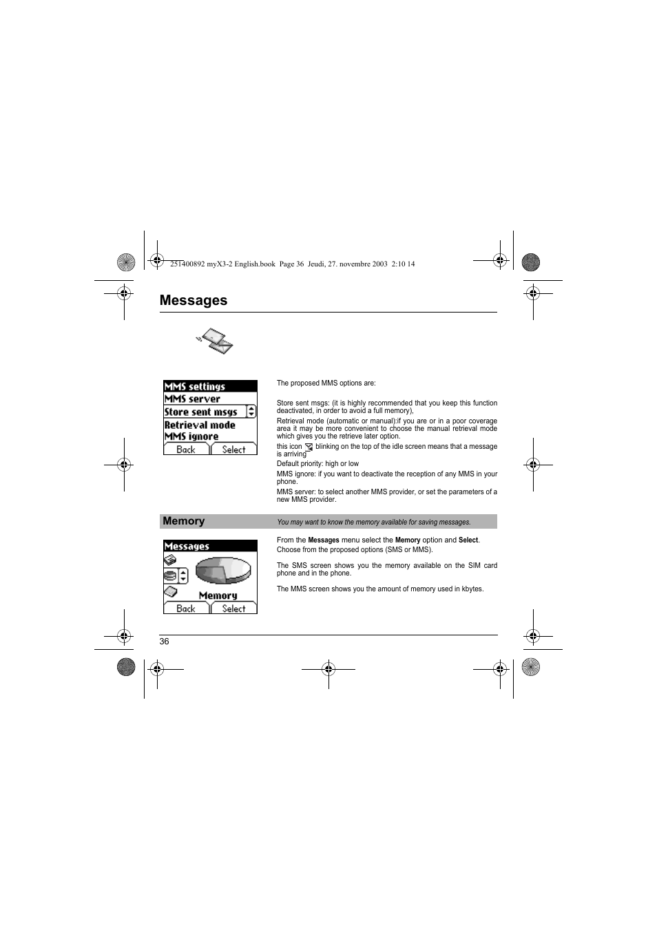 Memory, Messages | Sagem myX3-2 User Manual | Page 39 / 79