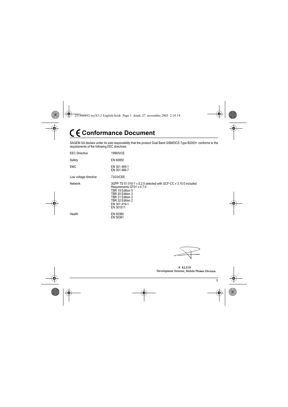 Conformance document | Sagem myX3-2 User Manual | Page 4 / 79