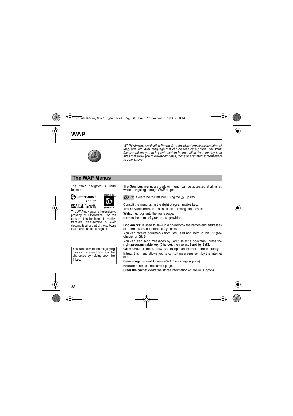 The wap menus | Sagem myX3-2 User Manual | Page 41 / 79